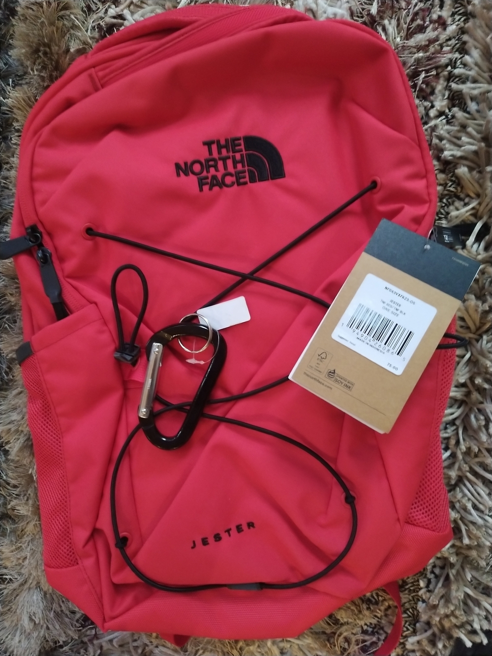 The North Face Jester Backpack in Coral Red with Black Accents + Bonus Keychain